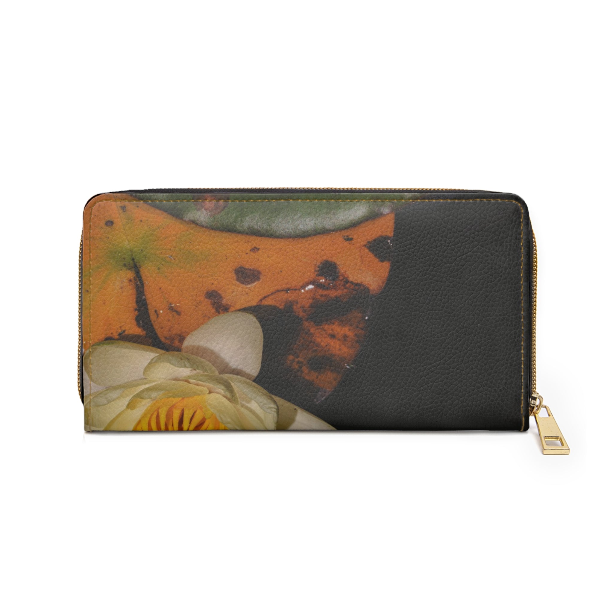 Floral Night Zipper Wallet — Waterlily Print Leather Wallet, Elegant Botanical Accessory