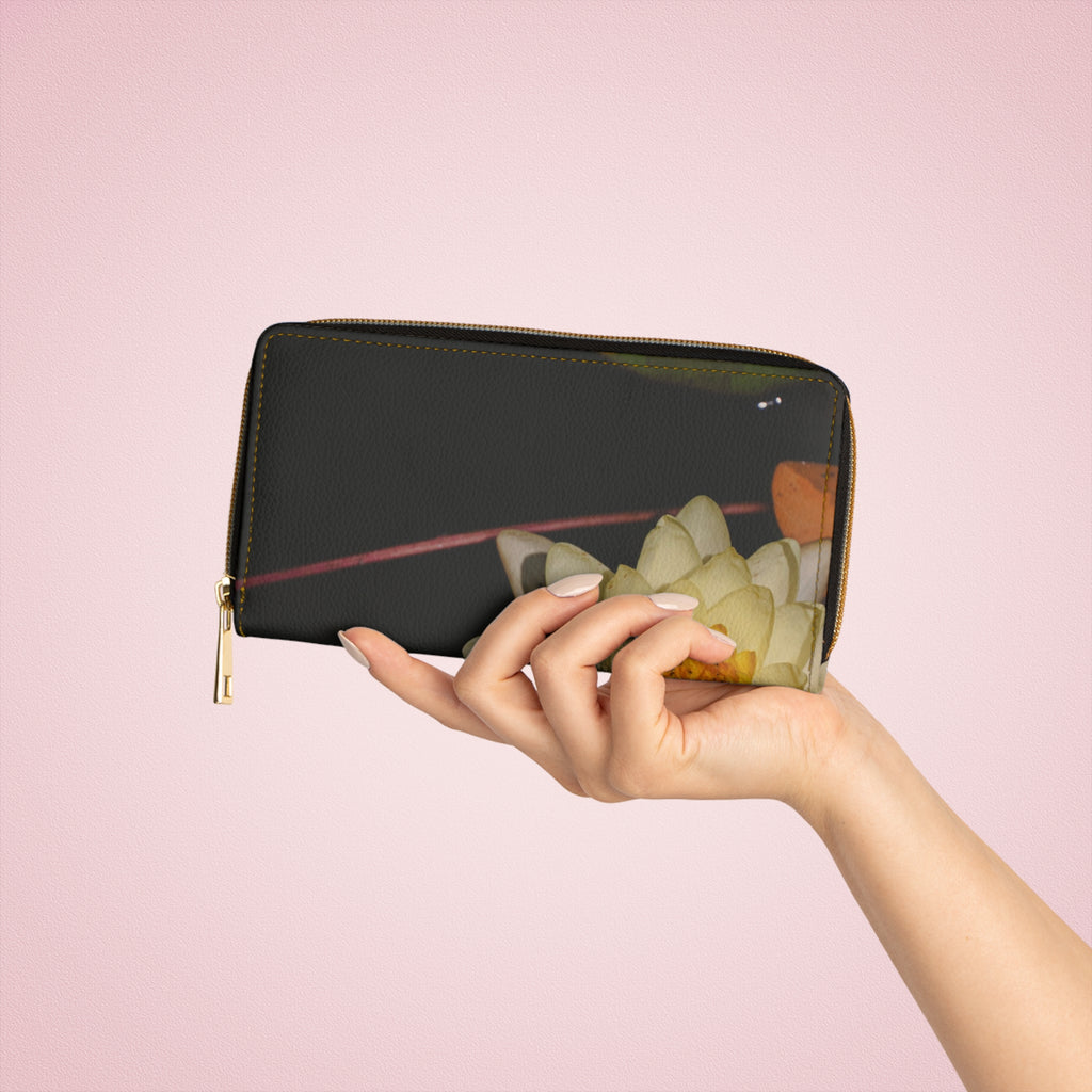 Floral Night Zipper Wallet — Waterlily Print Leather Wallet, Elegant Botanical Accessory