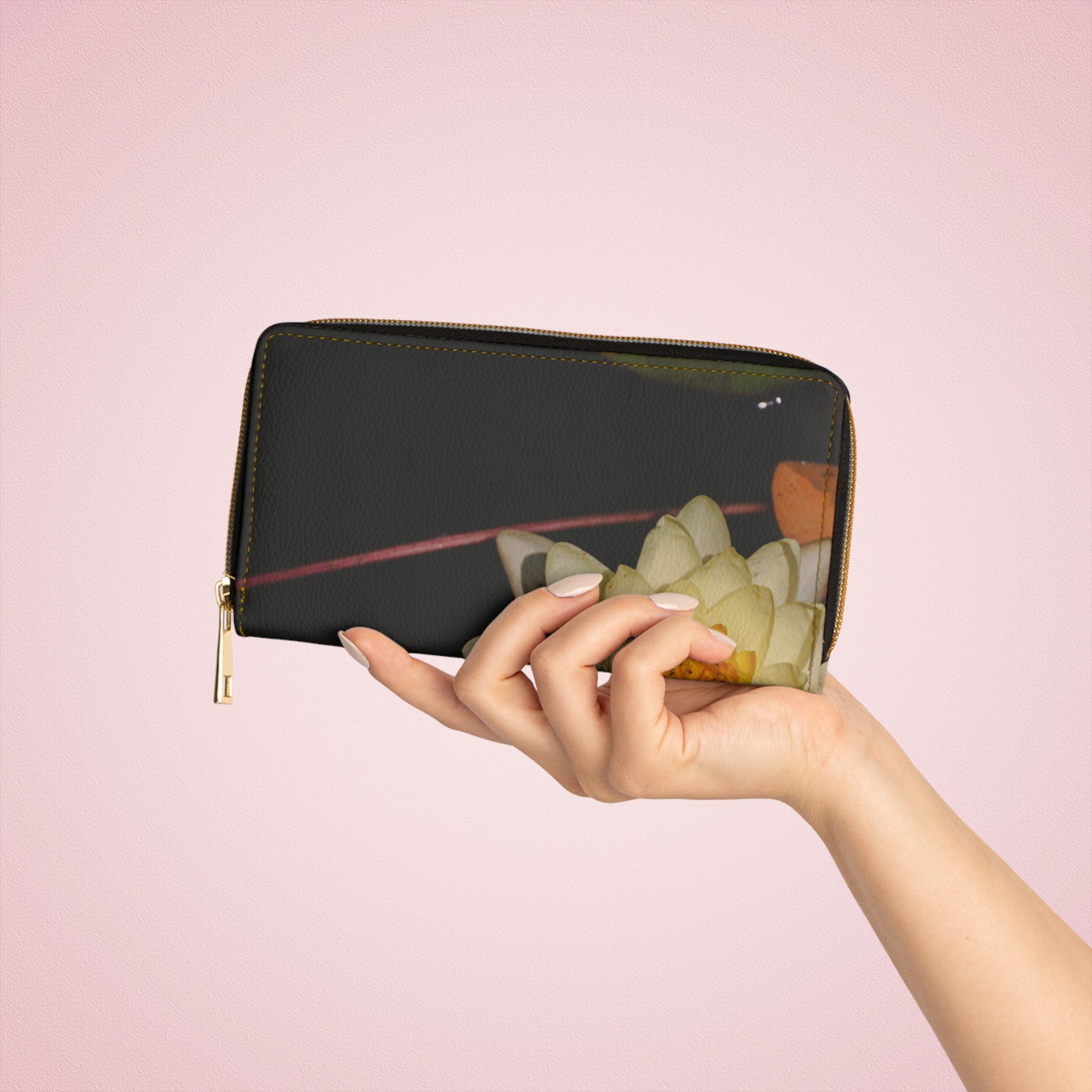 Floral Night Zipper Wallet — Waterlily Print Leather Wallet, Elegant Botanical Accessory