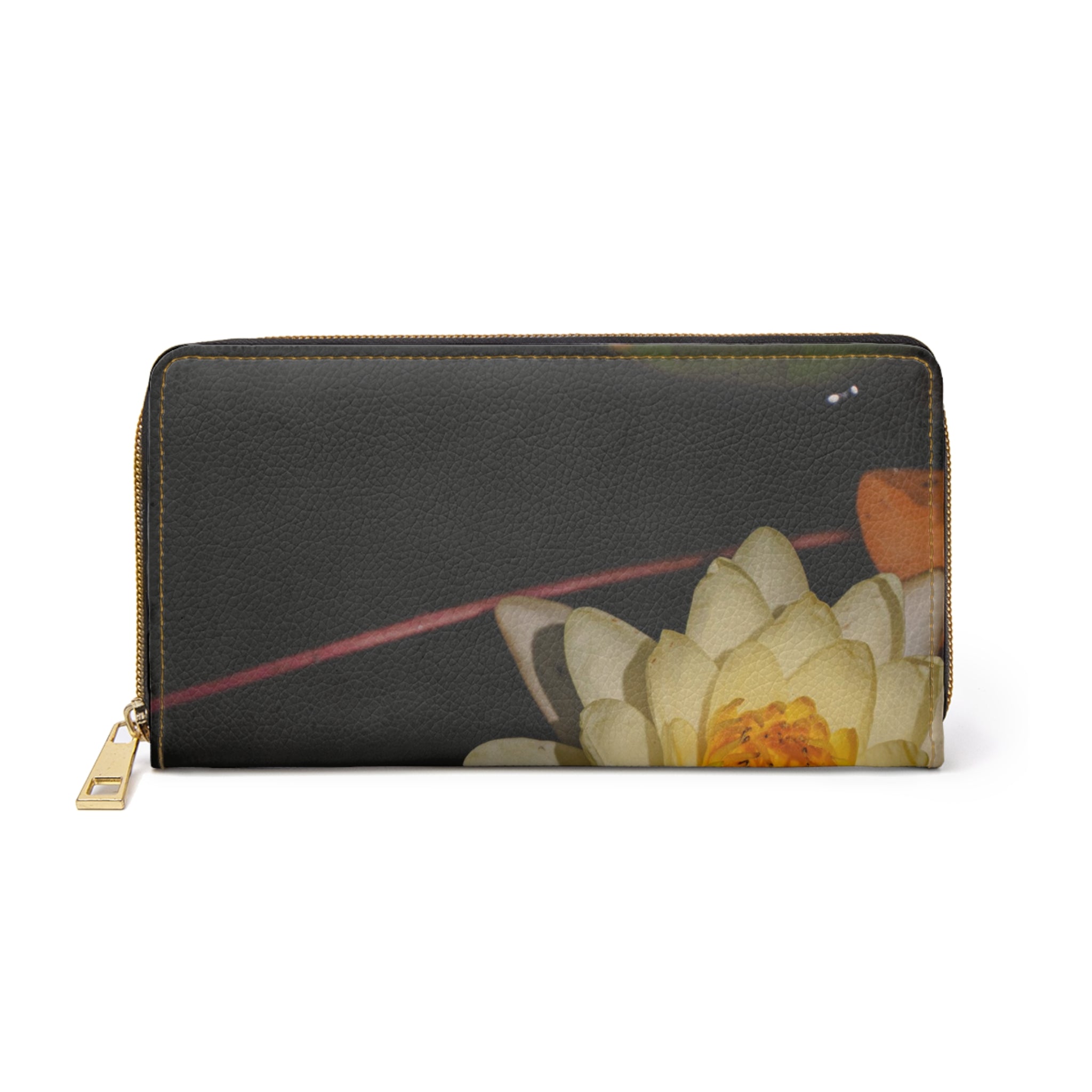 Floral Night Zipper Wallet — Waterlily Print Leather Wallet, Elegant Botanical Accessory